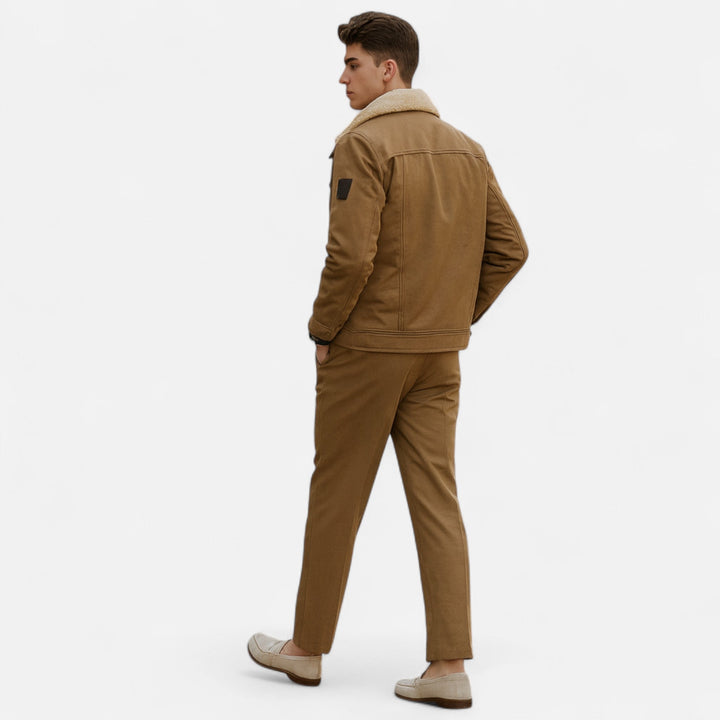Fashionable men's fall/winter jacket, a warm bomber with a cozy sherpa collar for elegant style.