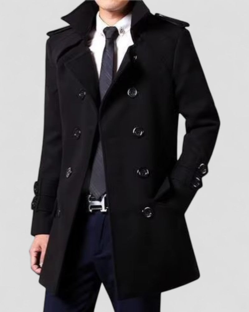 Men's classic black double-breasted trench coat, perfect for sharp business attire or elegant fall & winter outerwear.