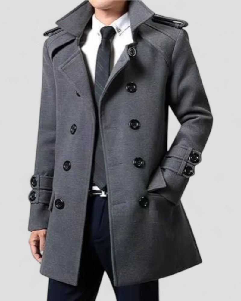 Stylish men's gray tailored double-breasted trench coat, ideal for smart casual or refined business outerwear.