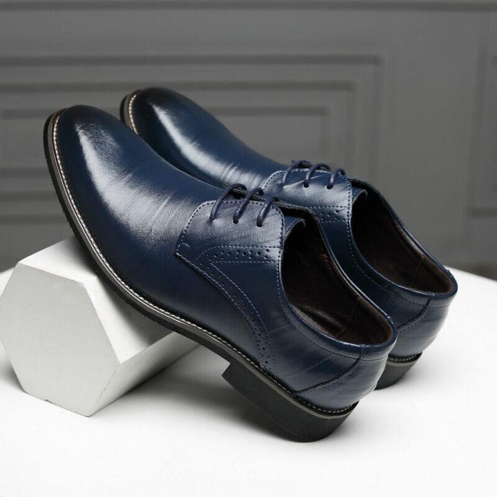 Stylish Blue Leather Men's Oxford Dress Shoes, classic design for formal occasions & a sharp, professional look.