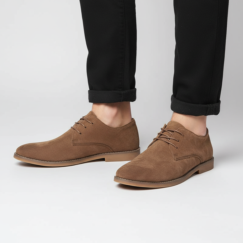 Close-up of men's elegant leather Oxford shoes with classic lace-up design, offering comfort for business wear.