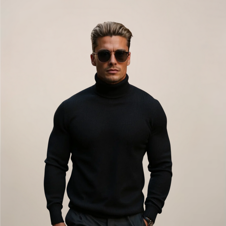 Men's classic black turtleneck sweater, versatile for smart casual autumn & winter outfits. Sleek knitwear.
