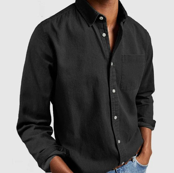 Flat lay of a men's classic blue denim button-up shirt, a wardrobe essential for stylish everyday wear.