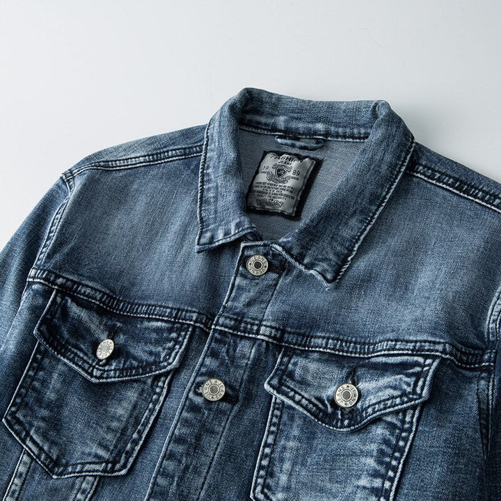 Stylish men's classic blue denim jacket. A fall essential and spring fashion statement for timeless men's casual wear.