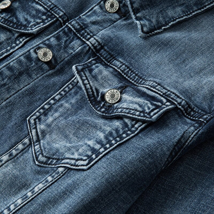 AS men's classic blue denim jacket with timeless style, comfort & durability. Perfect casual outerwear.