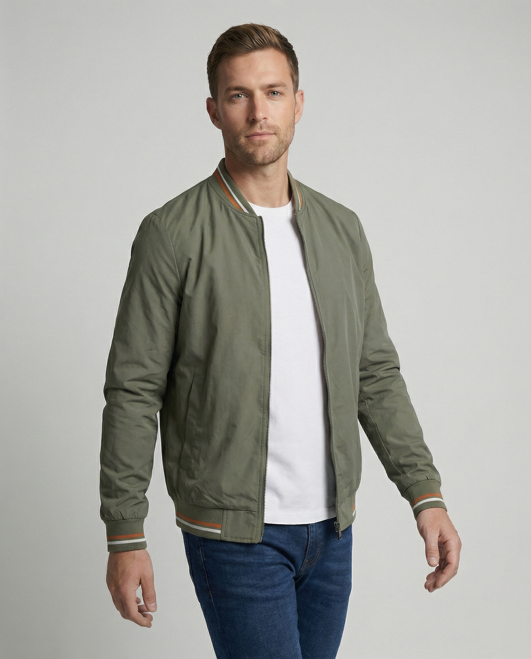 Men's classic bomber jacket with ribbed trim, sleek design for versatile everyday wear.
