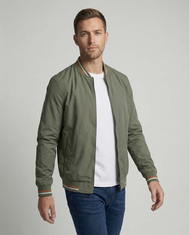 Men's classic bomber jacket with ribbed trim, sleek design for versatile everyday wear.