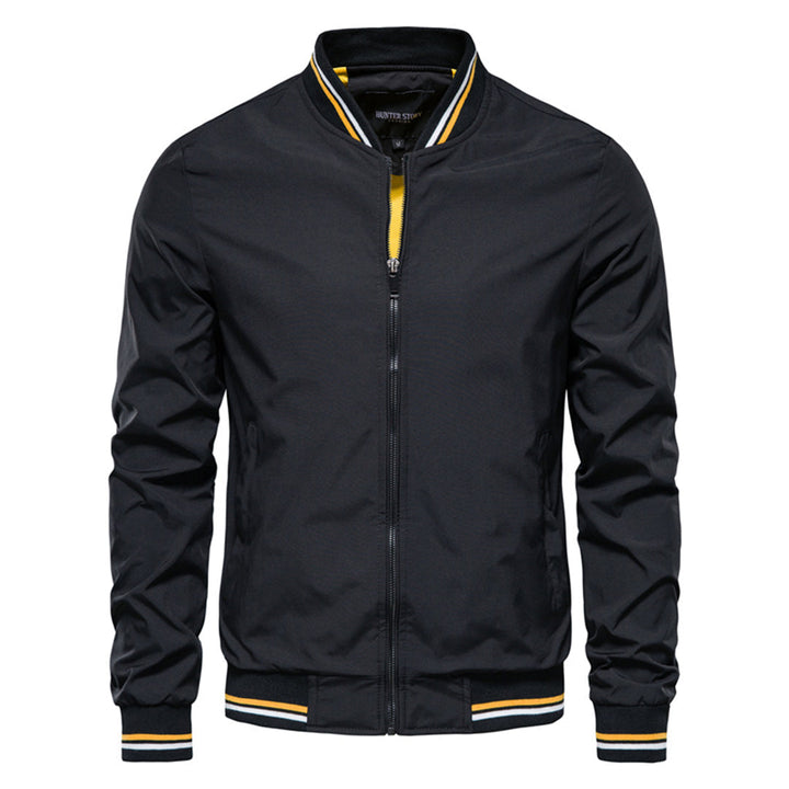 Close-up: Men's bomber jacket's ribbed collar & cuffs, showcasing quality details and classic style.
