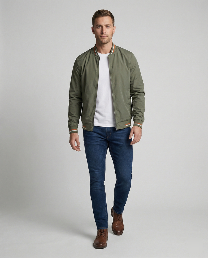 Stylish men's slim-fit bomber jacket, ideal for casual layering in fall or spring fashion.