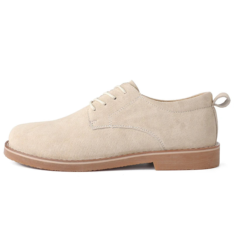 Side view: Men's classic sand comfort oxfords. Quality leather dress shoes for a smart casual men's fashion look.