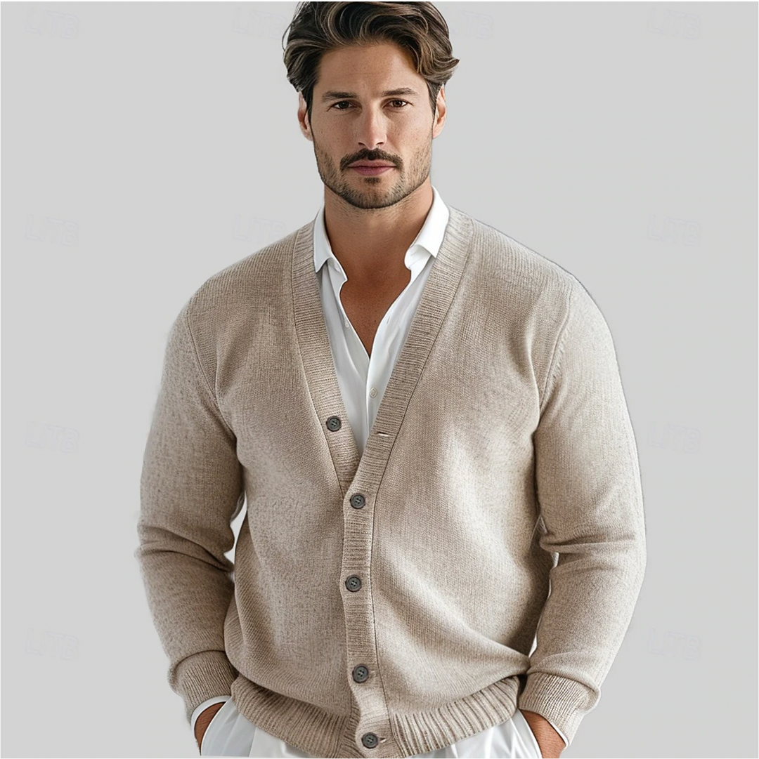 Men's classic button-up cardigan, ideal for sophisticated layering. Long sleeve men's sweater, versatile smart casual fashion.