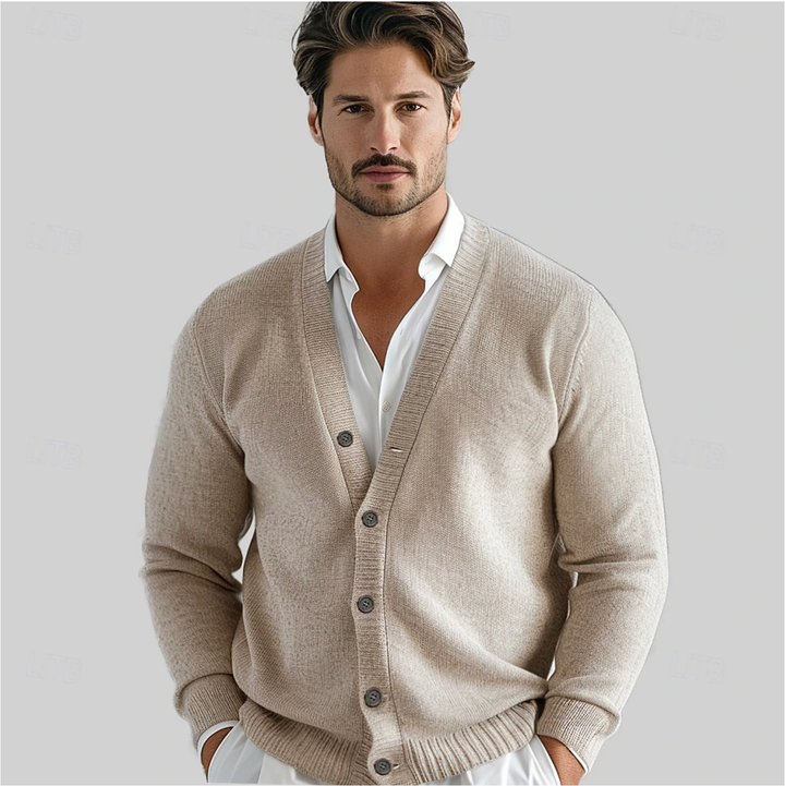 Men's classic button-up cardigan, ideal for sophisticated layering. Long sleeve men's sweater, versatile smart casual fashion.