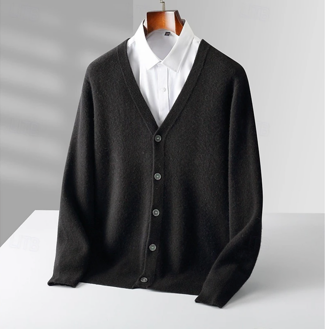 Versatile men's button-up cardigan for smart casual wear. Classic long sleeve men's sweater, perfect for refined layering.