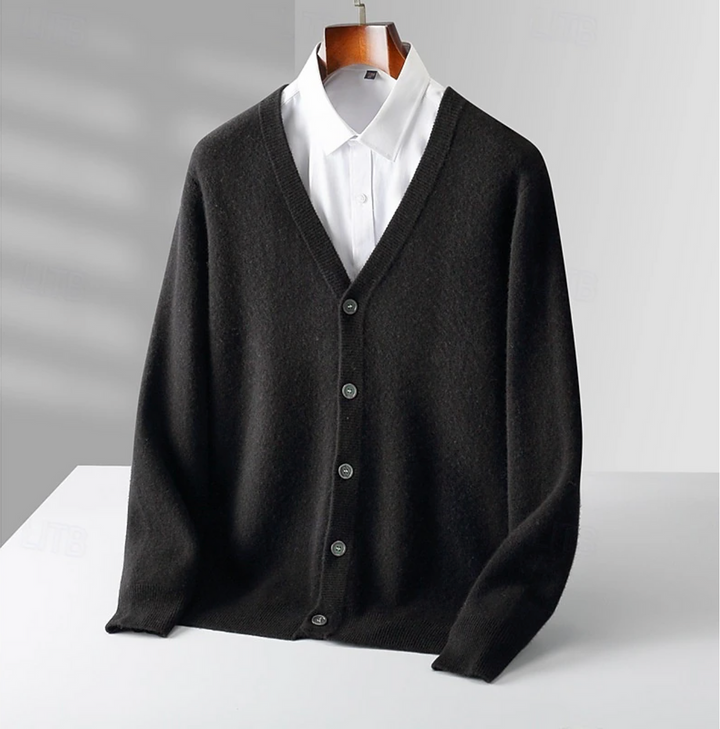 Versatile men's button-up cardigan for smart casual wear. Classic long sleeve men's sweater, perfect for refined layering.
