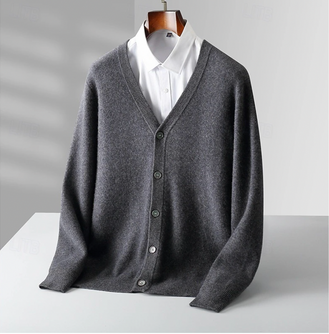 Classic men's button-up cardigan for versatile smart casual outfits. Comfortable long sleeve men's sweater for layering.