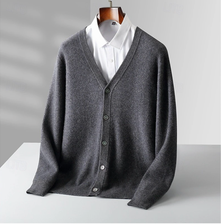 Classic men's button-up cardigan for versatile smart casual outfits. Comfortable long sleeve men's sweater for layering.