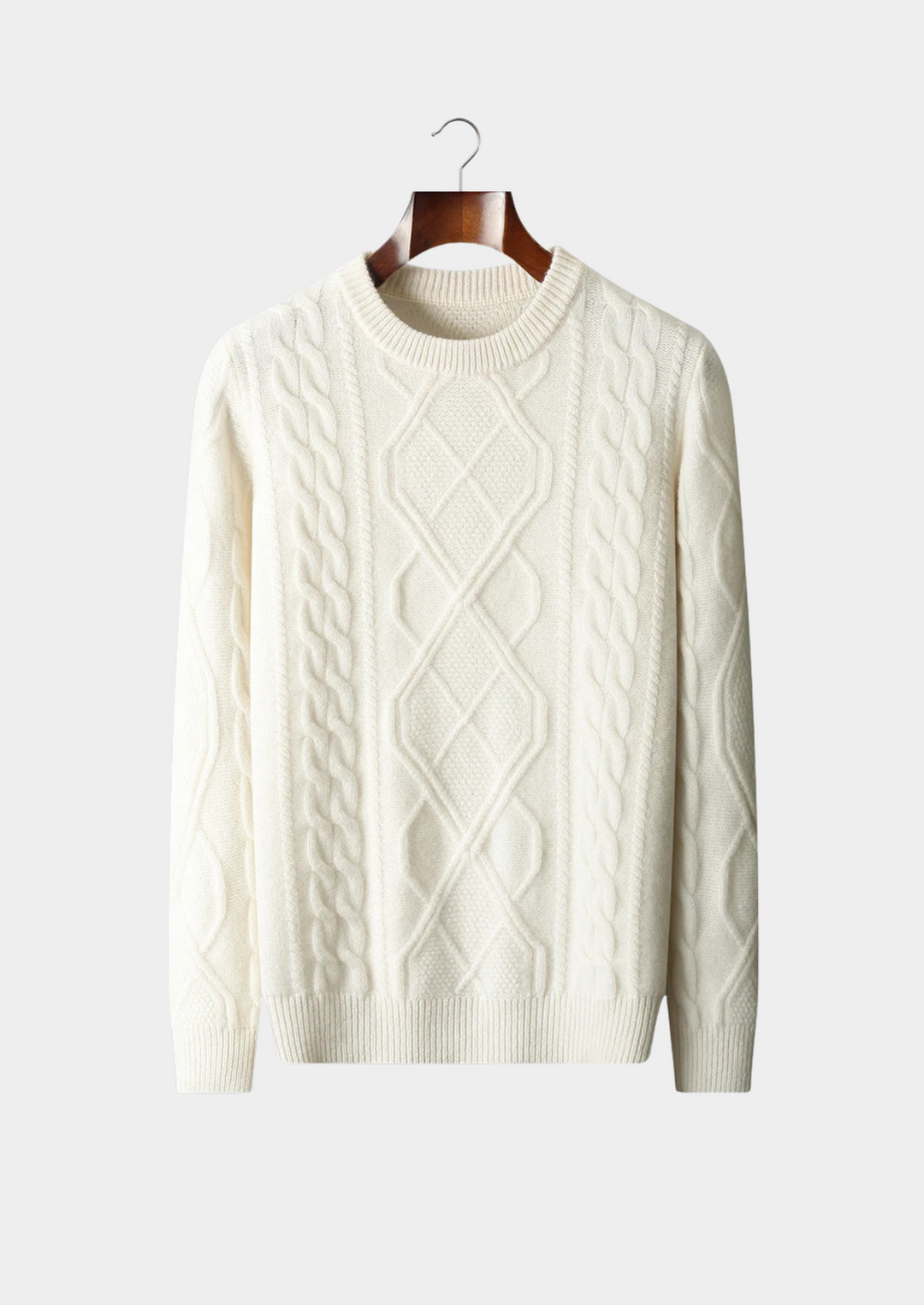 Men's classic cable knit crew neck sweater, perfect for warm winter layering & cozy style.