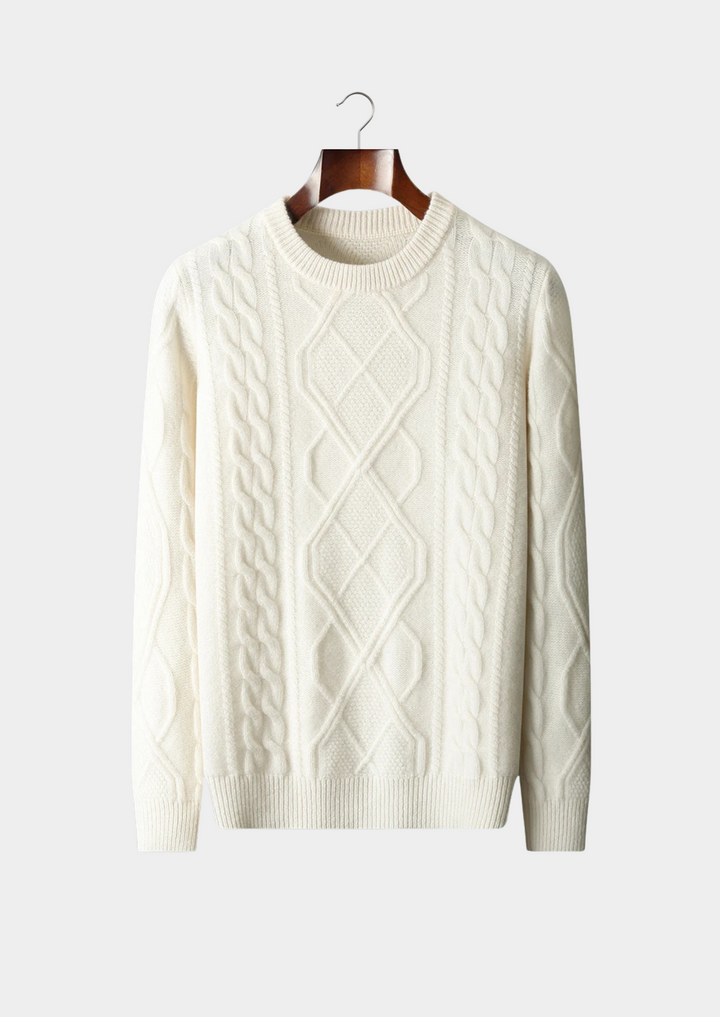 Men's classic cable knit crew neck sweater, perfect for warm winter layering & cozy style.