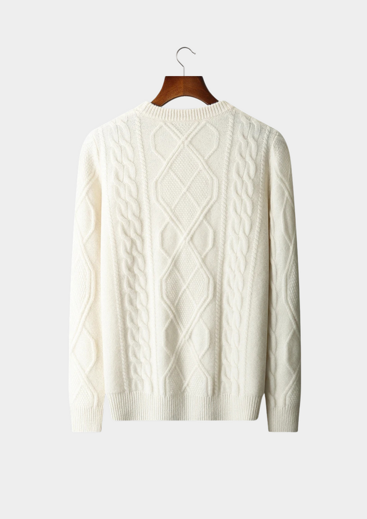 Cozy men's cable knit sweater with a crew neck. Ideal for smart casual winter outfits & everyday comfort.