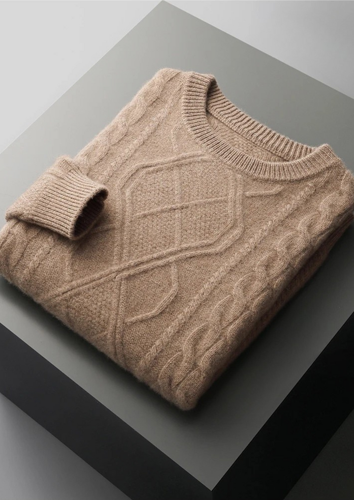 Textured men's cable knit crew neck sweater, a cozy top for winter warmth, suitable for various casual occasions.