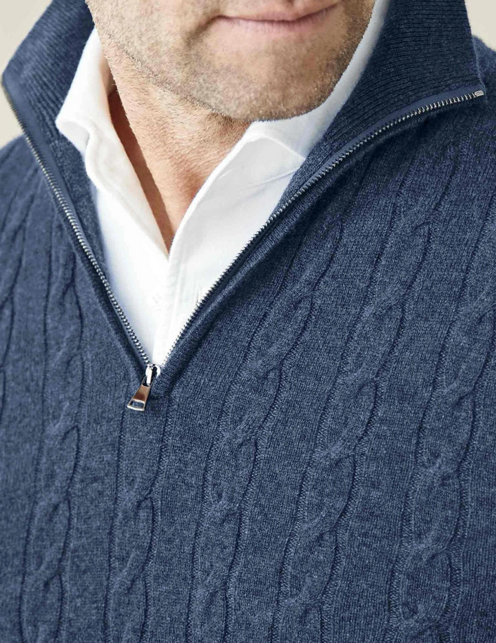 Stylish men's cable-knit pullover sweater with quarter-zip, perfect for layering and comfort.