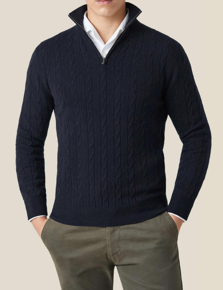 Warm men's quarter-zip cable-knit sweater, ideal for casual or formal occasions.