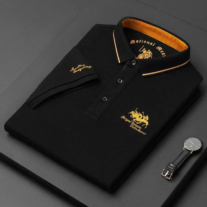 Button-up men's short sleeve polo shirt with classic collar, great for spring fashion & casual tops.