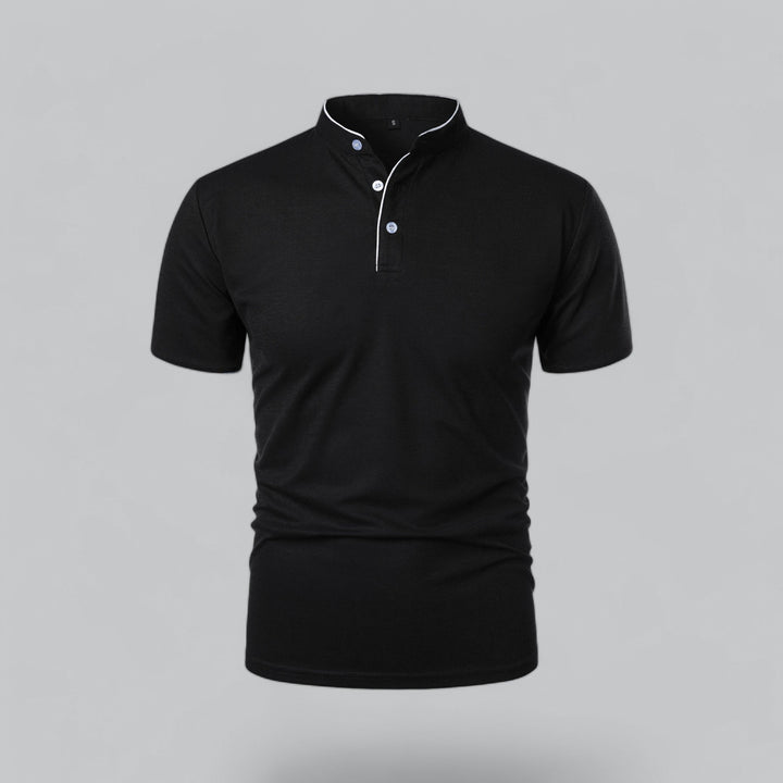 Modern men's collarless short sleeve polo, combining comfort with sophisticated style.
