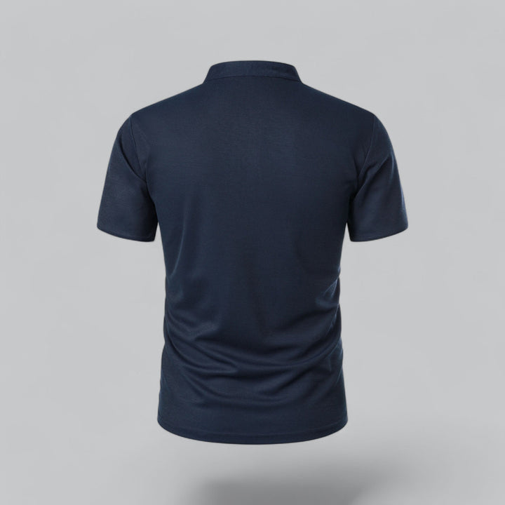 Comfortable men's short sleeve collarless polo, a casual essential for spring.