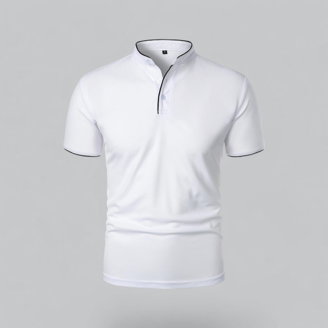 Classic men's collarless polo for summer fashion, short sleeve and breathable.