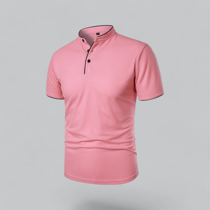 Men's short sleeve collarless polo, ideal for a refined casual or smart casual ensemble.