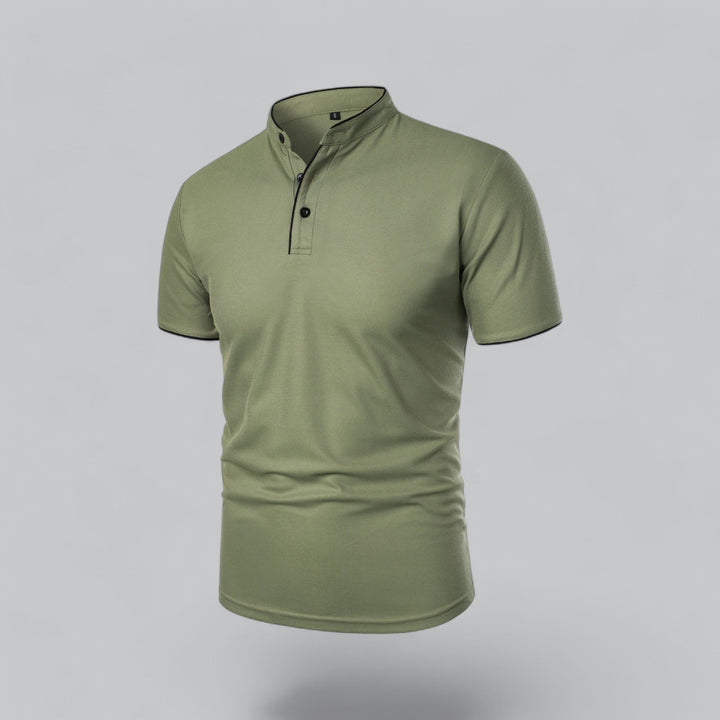 Men's comfortable collarless polo, perfect for smart casual spring fashion.