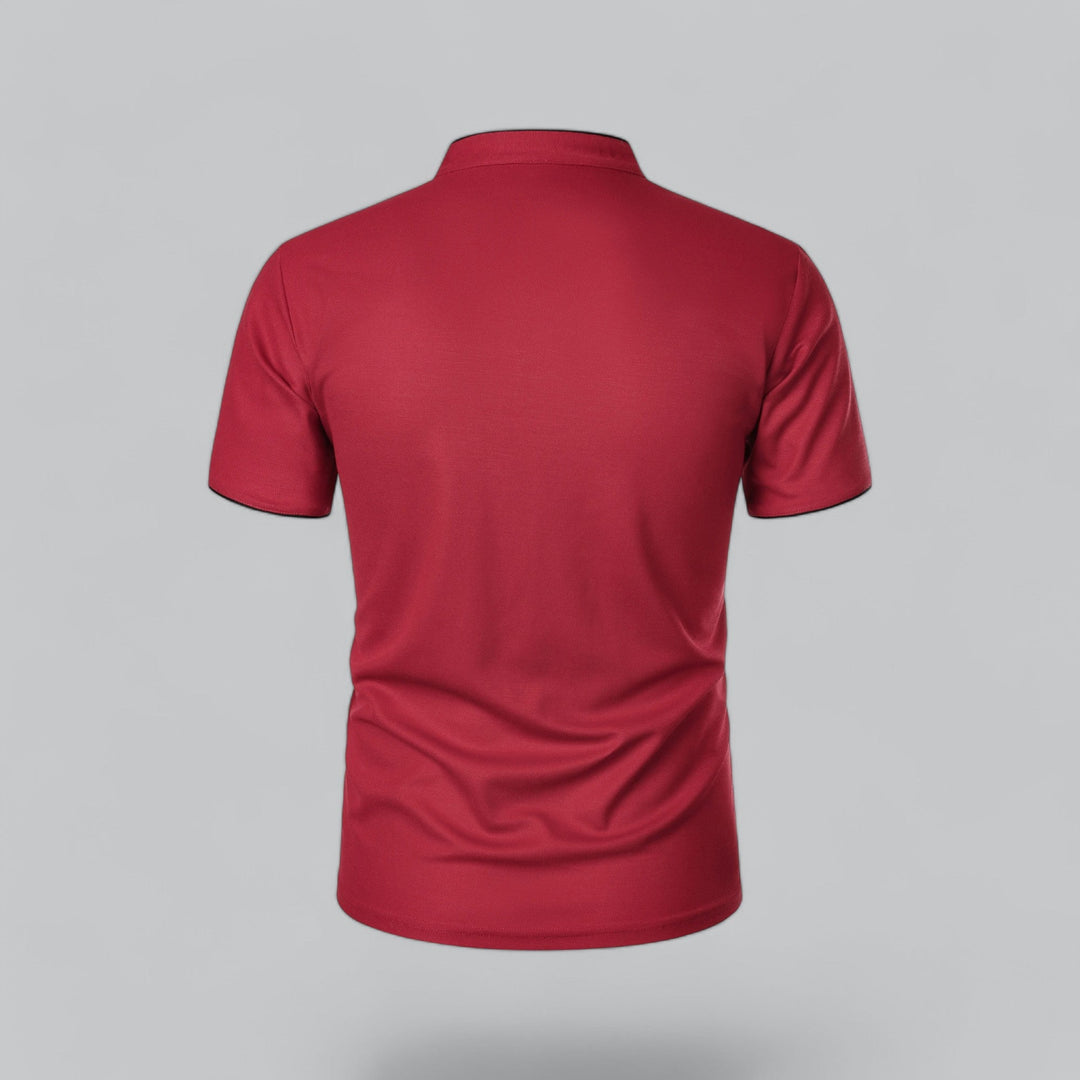 Tailored men's collarless polo shirt, offering sophisticated casual autumn wear.