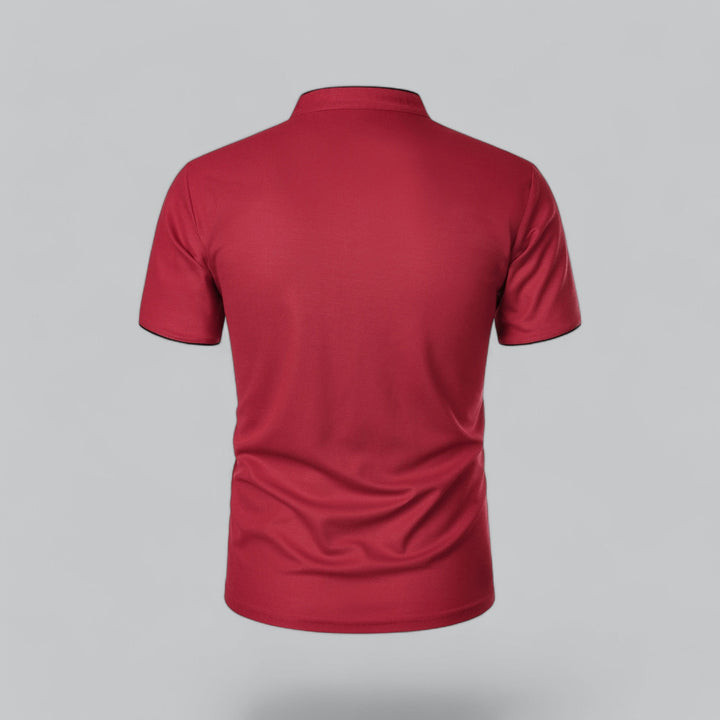 Tailored men's collarless polo shirt, offering sophisticated casual autumn wear.