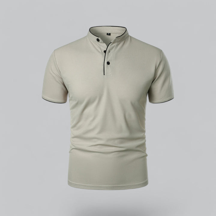 Premium men's collarless polo shirt, a timeless piece for autumn wear.