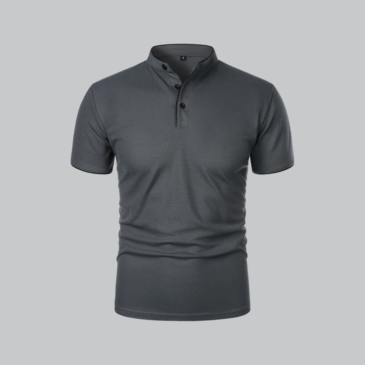 Tailored men's collarless polo shirt, offering a sophisticated spring fashion statement.