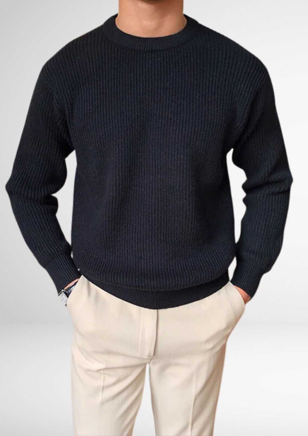 Men's classic crew neck knitted sweater. Versatile all-season top for smart casual or everyday layering style.