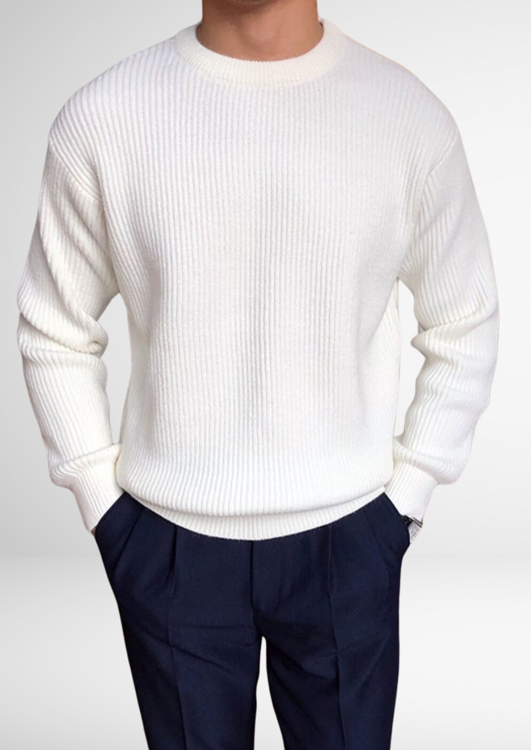 Classic men's crew neck knitted sweater in a solid color. Essential all-season top for versatile and stylish layering.