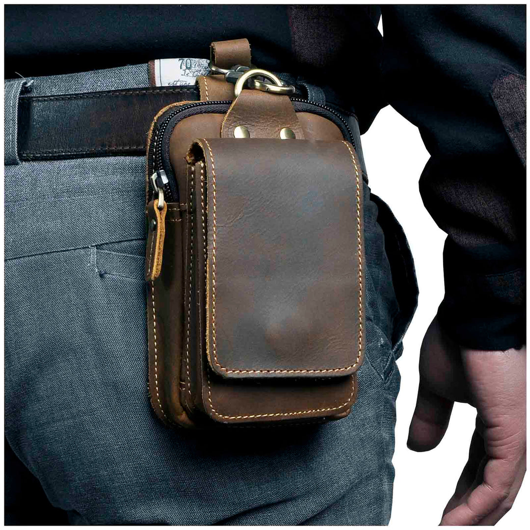 Men's classic dark brown waist bag for everyday essentials, stylish and practical fanny pack.