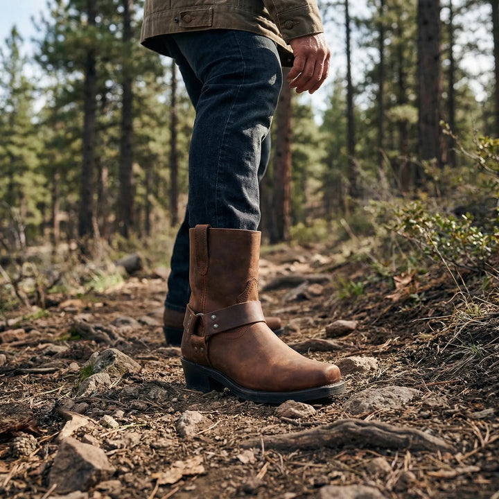 Men's classic dark brown western cowboy boots. Durable slip-on style with a comfortable block heel for everyday wear.