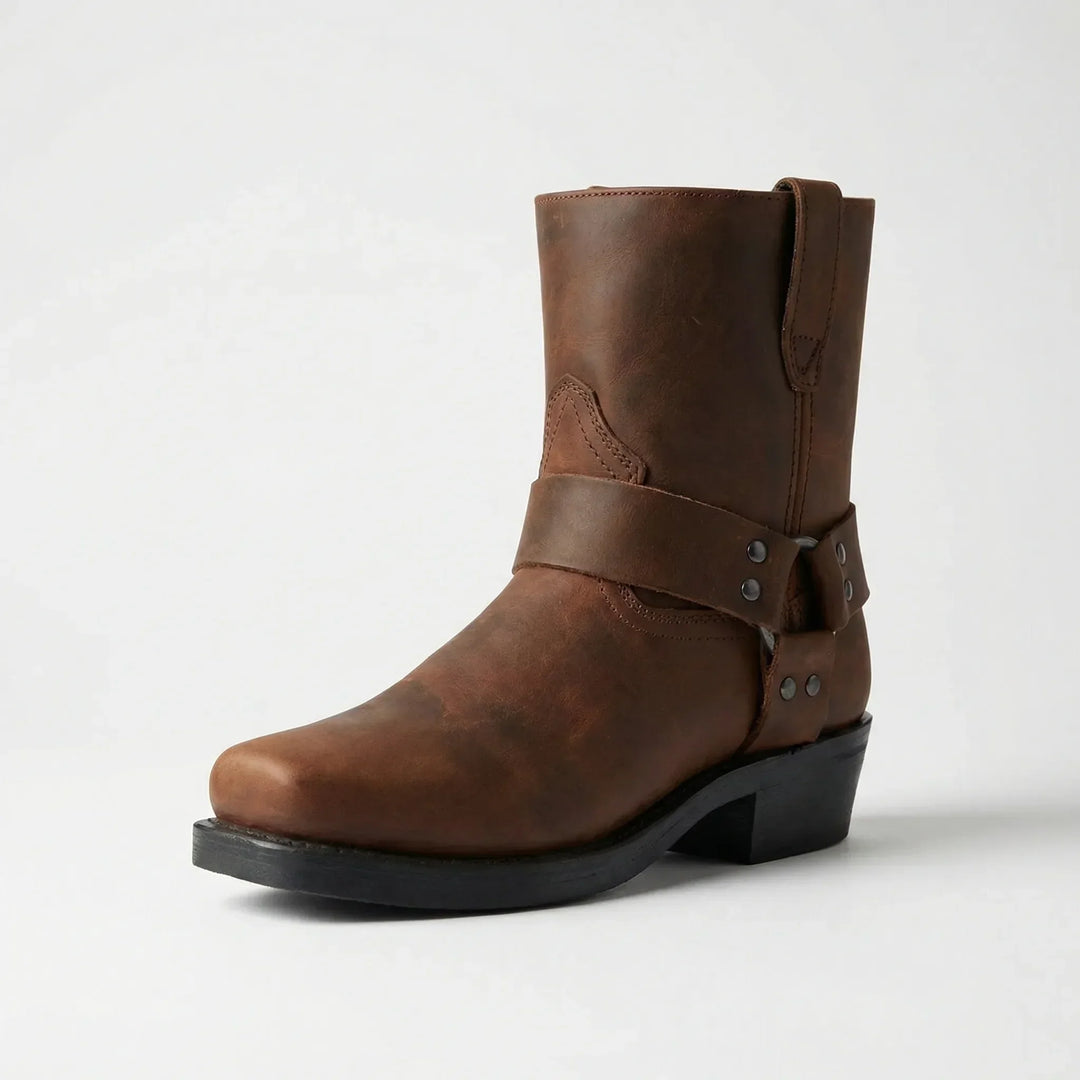 Stylish dark brown men's western boots. Durable cowboy footwear with a block heel for a classic, rugged fashion statement.