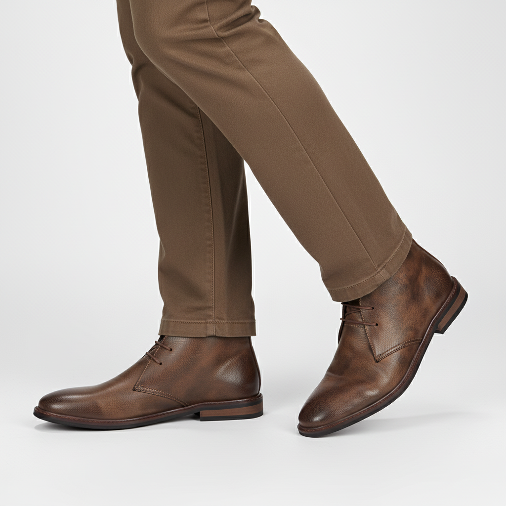 Man wearing men's classic desert boots, showcasing timeless style & versatile everyday comfort.