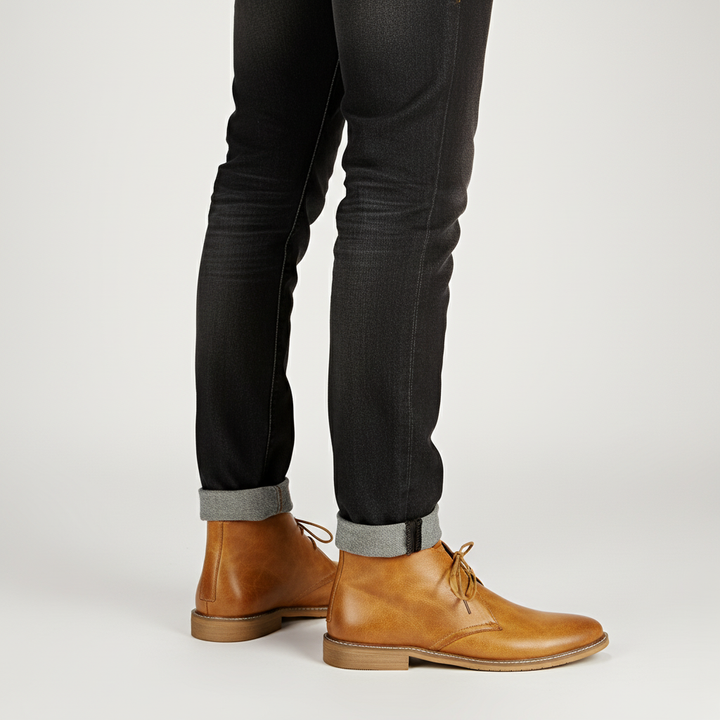 Close-up of classic men's desert boots, highlighting premium suede & stitching for vintage style.