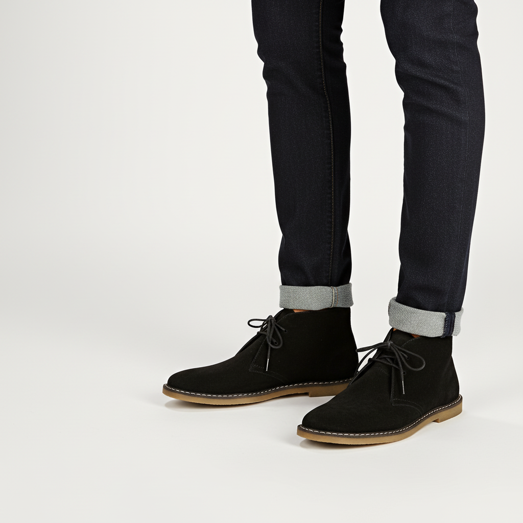 Side view of men's classic desert boots, emphasizing ankle height & stylish silhouette. Perfect for fashion.