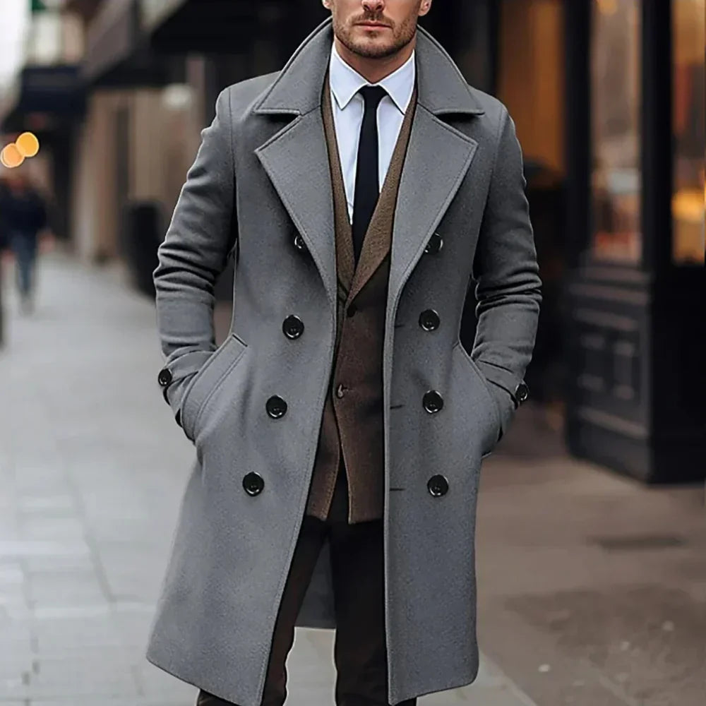 Men's classic double-breasted overcoat in a timeless tailored style, perfect formal or casual outerwear for all seasons.