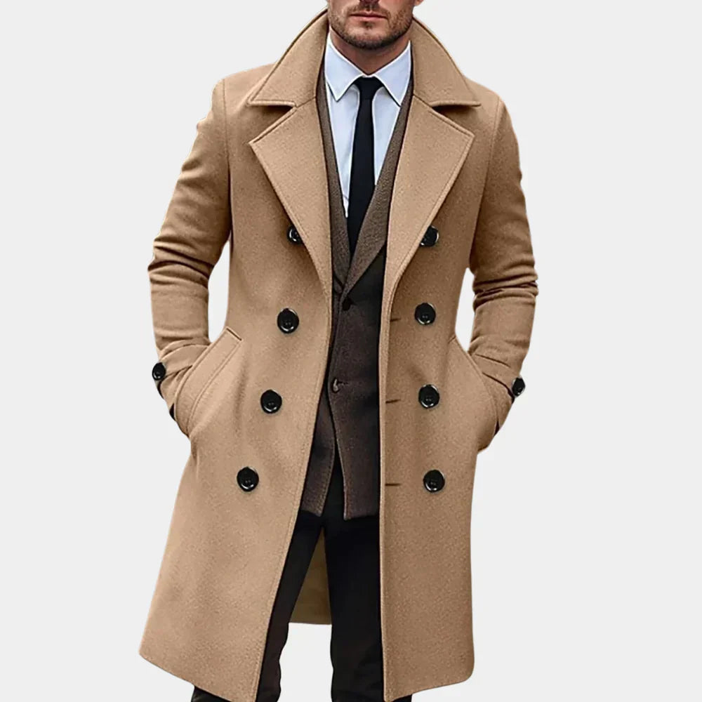 Tailored men's double-breasted trench coat with classic lapels & buttons. Stylish outerwear for formal or casual wear.