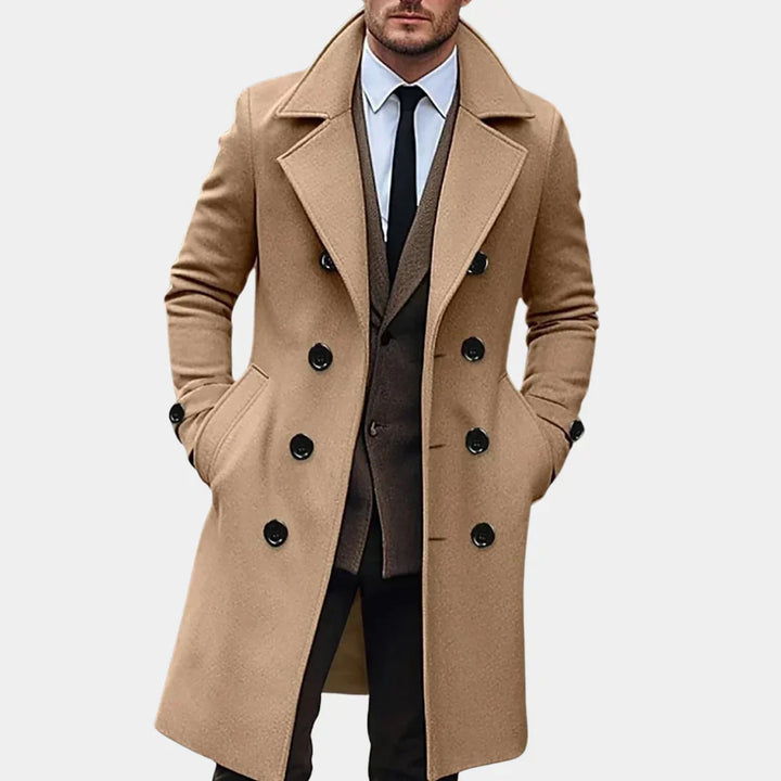Tailored men's double-breasted trench coat with classic lapels & buttons. Stylish outerwear for formal or casual wear.