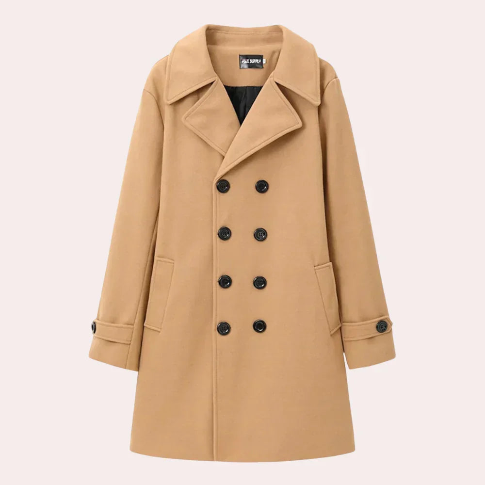 Timeless men's double-breasted overcoat, a versatile outerwear piece for smart casual or formal autumn/winter fashion.