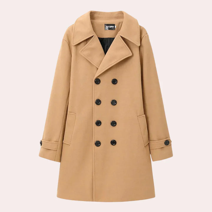 Timeless men's double-breasted overcoat, a versatile outerwear piece for smart casual or formal autumn/winter fashion.