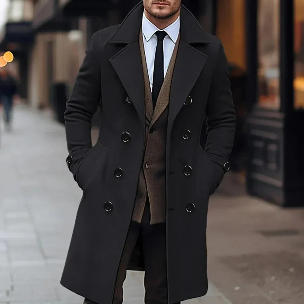 Stylish men's classic trench coat, double-breasted design with a refined tailored fit. Essential formal & casual outerwear.